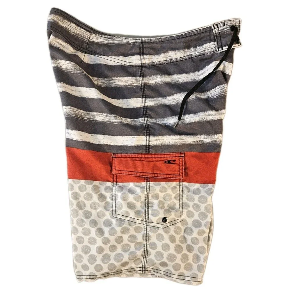O'Neill Board Shorts Mens 32 Gray Red White Swim Trunks Surf Surfing